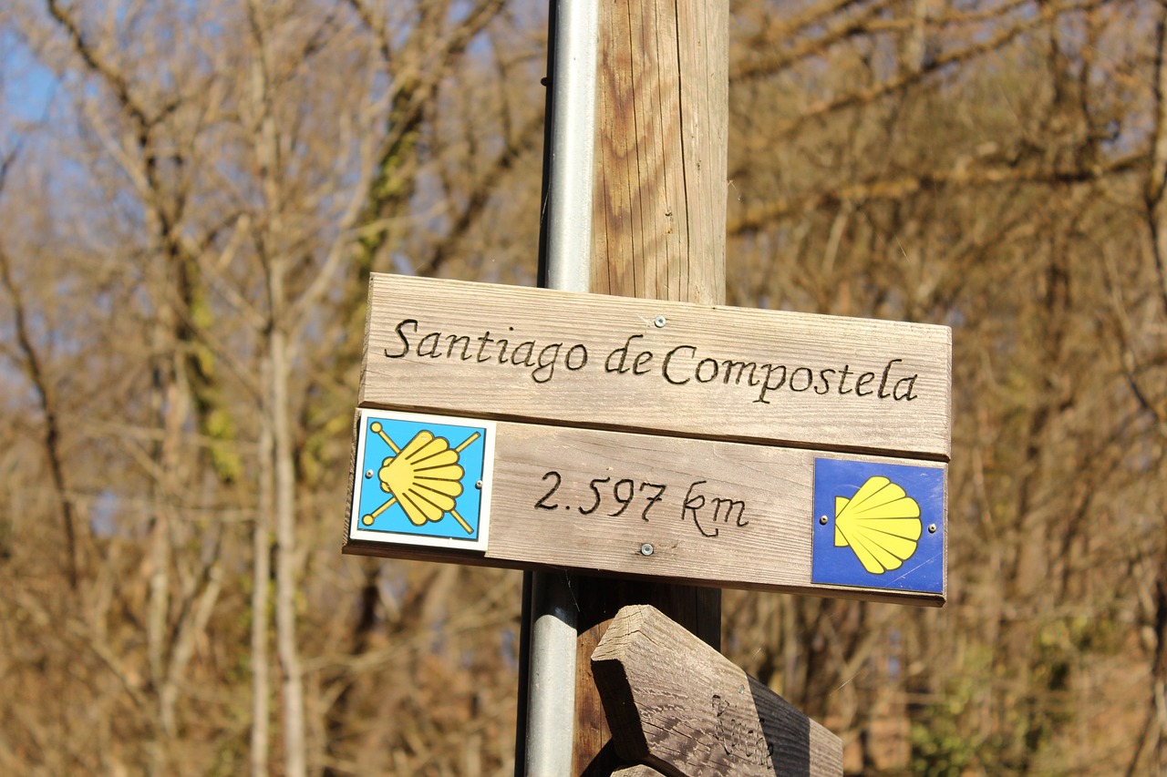 Houten wegwijzer naar Santiago de Compostela